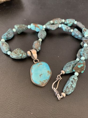 Men's Navajo Kingman Turquoise Pendant Necklace | Sterling Silver | 20" | Authentic Native American Handmade | 10224