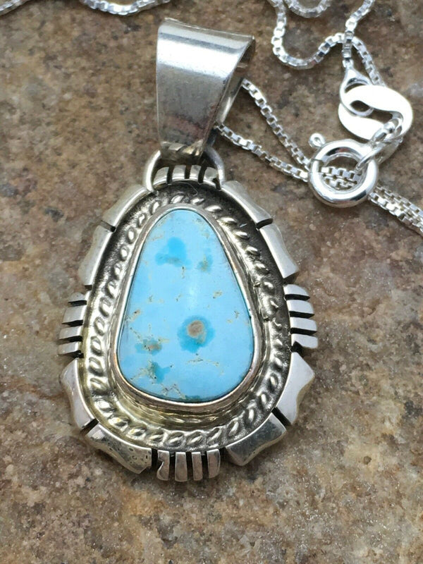 Navajo Dry Creek Turquoise Pendant Necklace | Sterling Silver | Authentic Native American Handmade | 3107