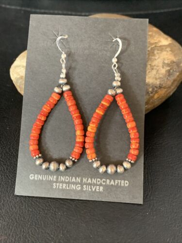 Navajo Red Spiny Oyster Hoop Earrings | Sterling Silver | Authentic Native American Handmade | 13499