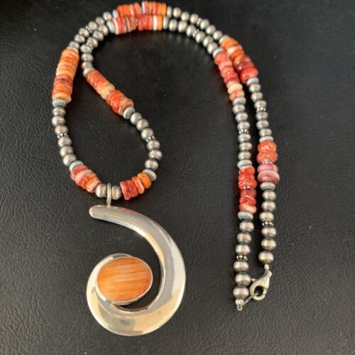 Navajo Orange Spiny Oyster Pendant Necklace | Sterling Silver | Authentic Native American Handmade | 13651