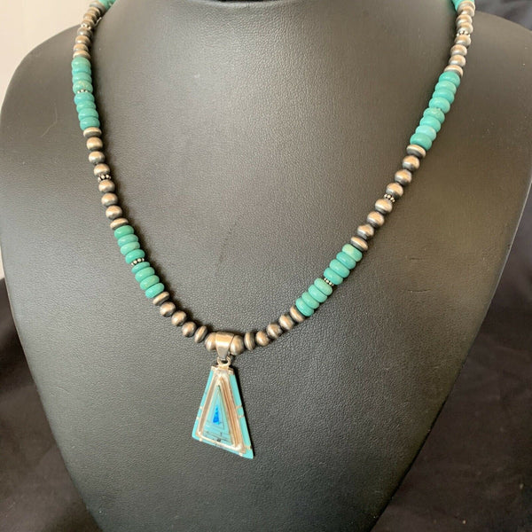 Authentic Native American Navajo Sterling Silver Pendant | Blue Turquoise & Opal Inlay Necklace | 11475