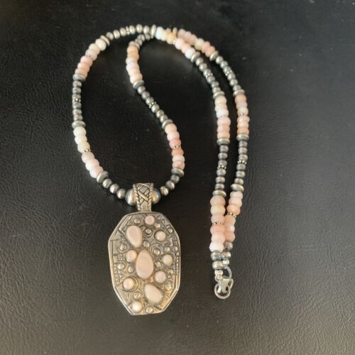 Navajo Pink Opal Beads Necklace | Multi-Stone Mother of Pearl Pendant | Sterling Silver | 13441