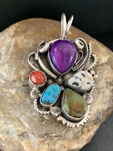Navajo Sugilite, White Buffalo Turquoise, Spiny Oyster Multi-Stone Pendant | Authentic Native American Sterling Silver | Multi-Stone | 1224