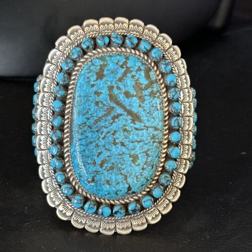 Handmade Native American Blue Kingman Turquoise Cuff Bracelet | Sterling Silver | 14223