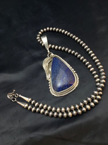 Men's Sterling Silver Navajo Pearls Necklace with Denim Lapis Pendant | Authentic Native American Handmade | 1006