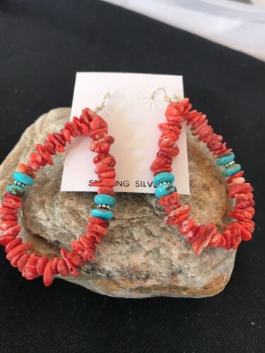 Navajo Sterling Silver Turquoise Spiny Oyster Earrings | 2" | Authentic Native American Handmade | 2038