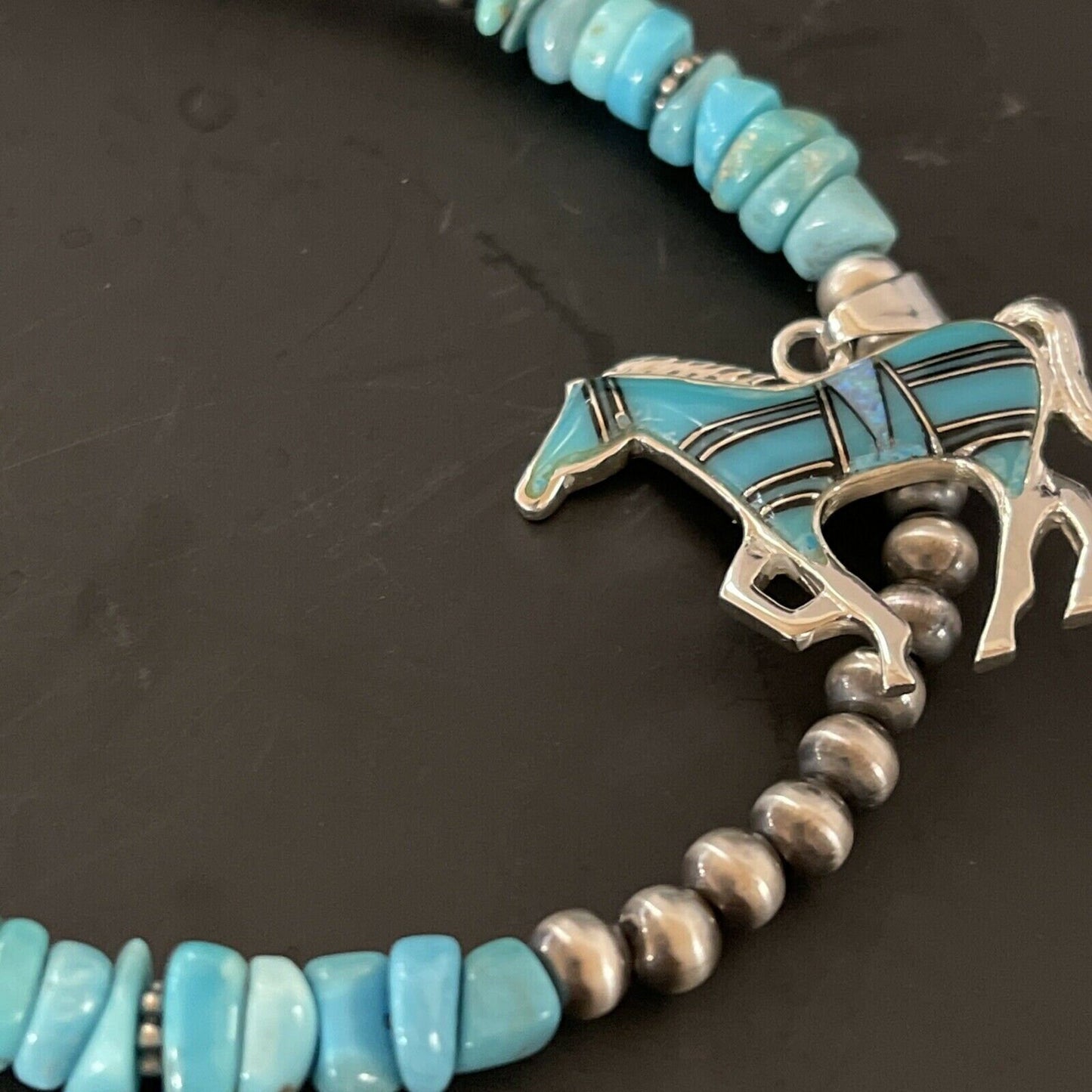 Navajo Horse Inlay Pendant | Blue Turquoise Opal | Sterling Silver | Authentic Native American Handmade | 11328