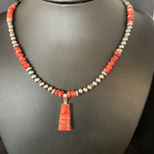 Navajo Pearls Red Spiny Oyster Sterling Necklace | Inlay Pendant | 20" | Native American Jewelry | 13652