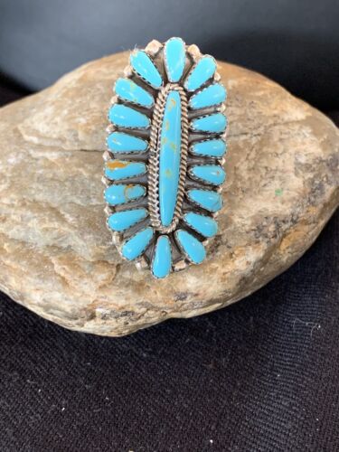 Navajo Blue Cluster Turquoise Needlepoint Ring | Authentic Native American Sterling Silver | Multi-Stone | Sz 6.5 | 614