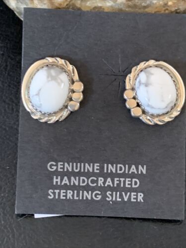 Navajo Sterling Silver White Howlite Oval Earrings | 0.50" | Authentic Native American Handmade | 13374