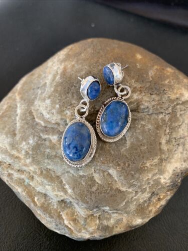 Navajo Denim Lapis Dangle Earrings | Sterling Silver | 1.1" | Authentic Native American Handmade | 1702