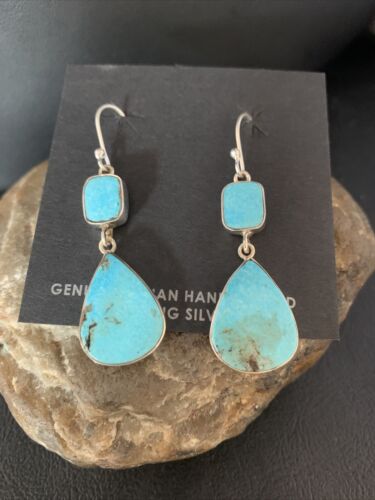 Kingman Turquoise Dangle Earrings | Navajo Sterling Silver | Authentic Native American Handmade | 14078