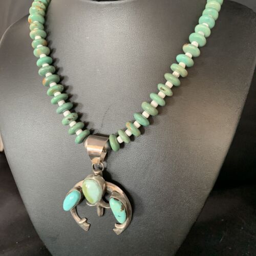 Navajo Royston Green Turquoise Naja Pendant Necklace | Sterling Silver | Authentic Native American Handmade | 13756