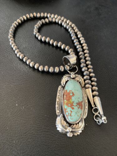 Men's Navajo Blue Dry Creek Turquoise Pendant | Sterling Silver Pearl Necklace | Native American Handmade | 12971