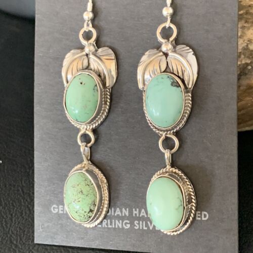 Navajo Green Spiderweb Turquoise Dangle Earrings | Sterling Silver | Authentic Native American Handmade | 13548
