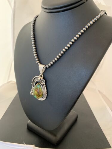 Men's Turquoise Pendant | Navajo Pearls Sterling Silver Necklace | Authentic Native American Handmade | 2568