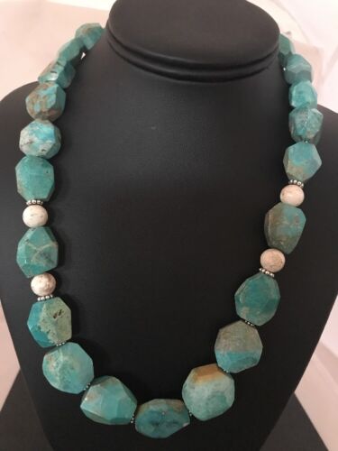 Chunky Turquoise Men's Necklace | Sterling Silver Faceted | Southwestern Navajo | 21" | 8140