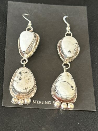 Navajo White Buffalo Turquoise Dangle Earrings | Sterling Silver | 2.5" | Authentic Native American Handmade | 14800