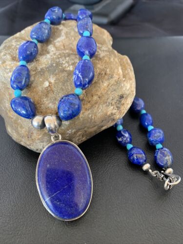 Navajo Blue Lapis Turquoise Pendant Necklace | Sterling Silver | 20" | Authentic Native American Handmade | 10522
