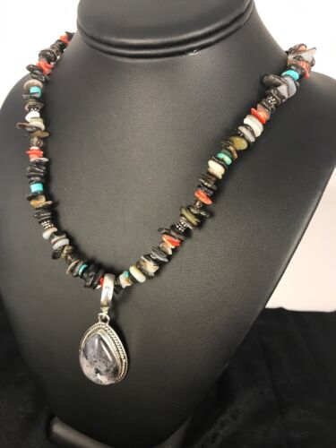 Navajo Turquoise Spiny Oyster Abalone Pendant Necklace | Sterling Silver | Authentic Native American Handmade | 11886