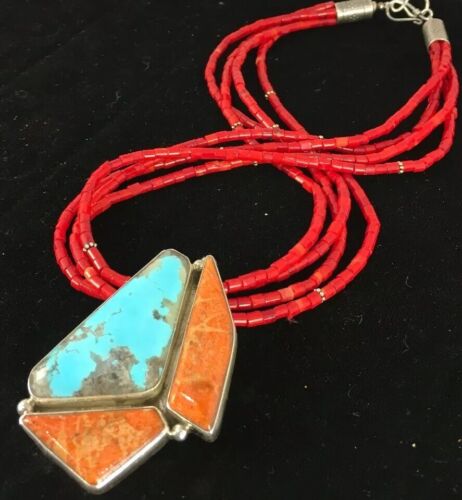 Navajo Spiny Oyster & Turquoise Pendant | Sterling Silver Coral Bead Necklace | Multi-Strand | 8477