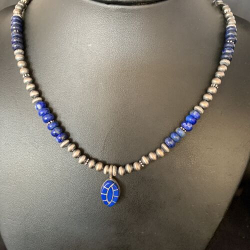 Navajo Blue Lapis Inlay Necklace Pendant | Sterling Silver | Authentic Native American Handmade | 13845
