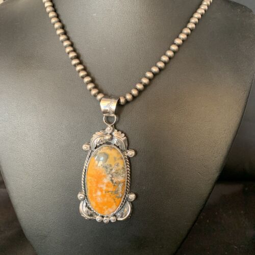 Navajo Bumblebee Jasper Pendant Necklace | Sterling Silver | Authentic Native American Handmade | 14201