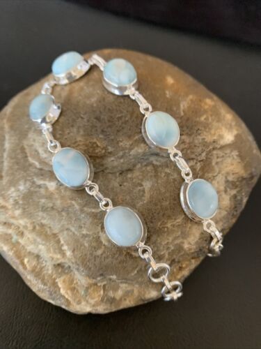 Navajo Blue Larimar 7-Link Bracelet | Sterling Silver | 7.5" | Authentic Native American Handmade | 10625