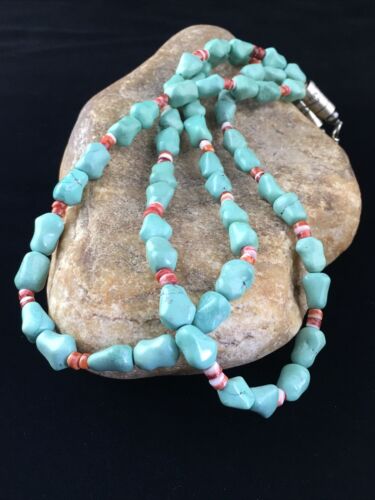 Native American Sterling Silver Blue Turquoise Spiny Oyster Necklace | 18" | 10062