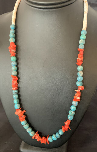 Southwestern Santo Domingo Red Coral Blue Turquoise Necklace | 28" | Authentic Native American Handmade | 12681