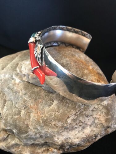 Navajo Spiderweb Turquoise & Coral Bracelet | Sterling Silver | Authentic Native American Handmade | 8366