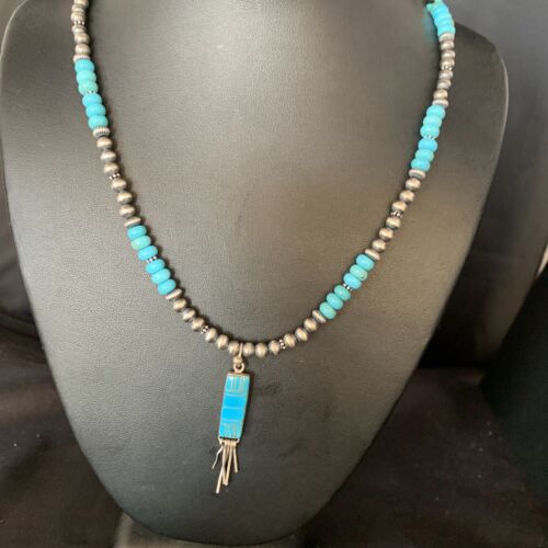 Navajo Blue Turquoise Inlay Pendant Necklace | Sterling Silver | Native American Handmade | 13836