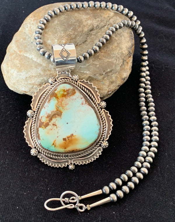 Navajo Pearls Necklace with Blue Royston Turquoise Pendant | Sterling Silver | Authentic Native American Handmade | 336