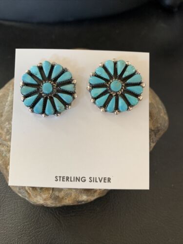 Navajo Blue Cluster Turquoise Stud Post Earrings | Sterling Silver | Authentic Native American Handmade | 12301