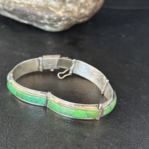 Women's Green Gaspeite Inlay Link Bracelet | Sterling Silver | 6.25" | 14526