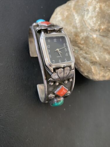 Vintage Navajo Sterling Silver Watch Tips | Old Pawn Turquoise & Coral Band | Authentic Native American Jewelry | 1438