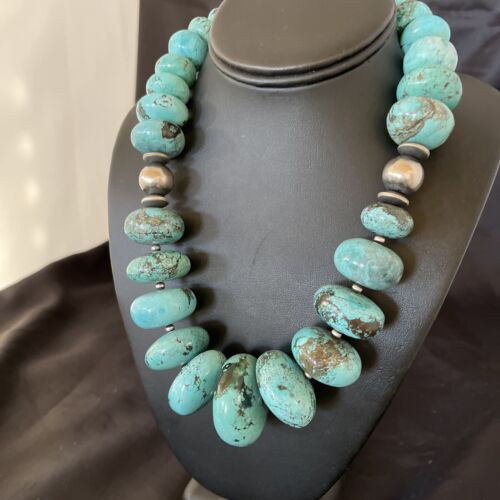 Navajo Blue Turquoise Necklace | Chunky Graduated Sterling Silver Pearls | Authentic Native American Handmade | 19" | 11350