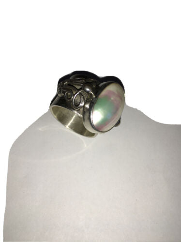 Southwestern Navajo White Mabe Pearl Ring | Sterling Silver | Sz 8 | Authentic Native American Handmade | 1724