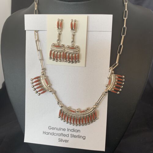Zuni Coral Sterling Silver Petite Point Needle Necklace Pendant Earrings Set | Authentic Native American Handmade | 11909