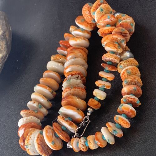 Navajo Turquoise & Orange Spiny Oyster Necklace | Sterling Silver | Authentic Native American | Graduated | 24" | 12733