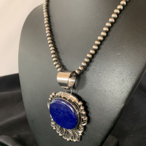 Native American Blue Lapis Pendant Necklace | Navajo Sterling Silver | Authentic Handmade | 14114