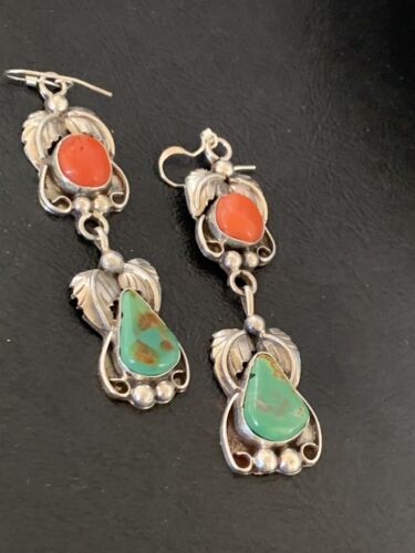 Navajo Green Royston Turquoise & Red Coral Dangle Earrings | Sterling Silver | Native American Handmade | 12553