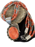 Navajo Red Spiny Oyster Pendant Necklace | 3 Strand Sterling Silver | Native American Handmade | 1327
