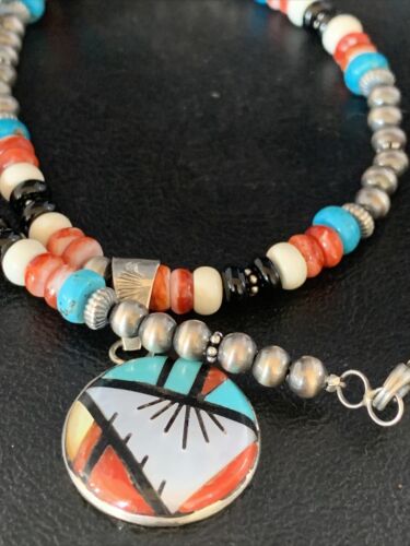 Zuni Multi-Color Turquoise Onyx Necklace | Sterling Silver Inlay Pendant | Authentic Native American Handmade | 13800