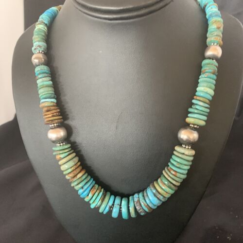 Navajo Blue Green Turquoise Necklace | Sterling Silver | Authentic Native American | 22" | Graduated | 11899
