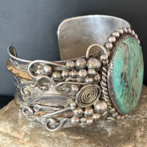 Navajo Green Turquoise Cuff Bracelet | Sterling Silver & 12K Gold | Authentic Native American Handmade | 14116