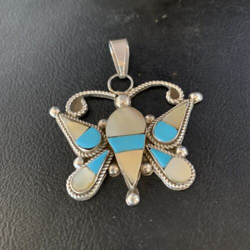 Zuni Butterfly Pendant Necklace | Turquoise & Yellow Mother of Pearl Inlay | Sterling Silver | 14208
