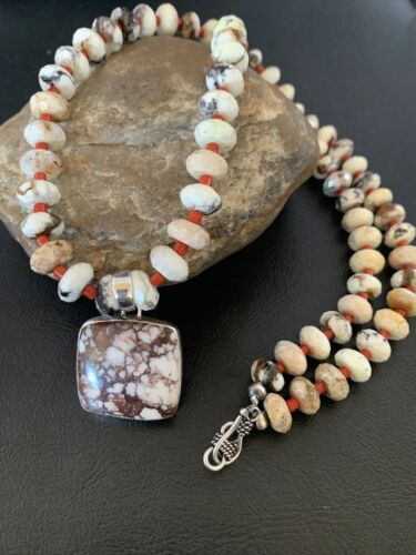 Navajo Coral Wild Horse Turquoise Pendant Necklace | Sterling Silver | Authentic Native American Handmade | 10267