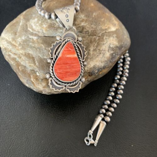 Navajo Red Spiny Oyster Pendant | Sterling Silver | 2" | Authentic Native American Handmade | 13320