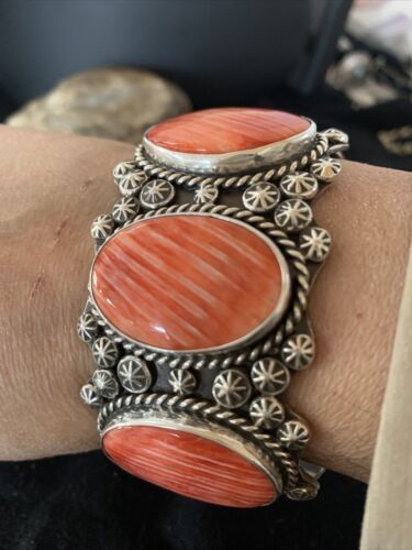 Navajo Red Spiny Oyster Cuff Bracelet | Sterling Silver | Authentic Native American Handmade | 01107